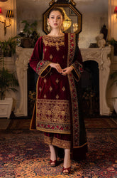 KP556-Velvet Winter Embroidered 3 Piece Dress With Organza embroidered Dopata
