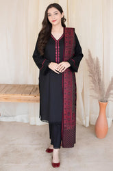 KP628-WINTER 3PC Dhannak Embroidered suit with Printed Shawll