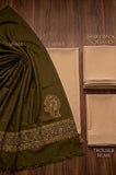 kp1265_Premium Beige & Olive Green 3-Piece Unstitched Suit with Printed Shawl