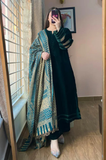 Azure - Winter Velvet Dress with Printed Dhanak Shawl kp33118