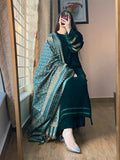 Azure - Winter Velvet Dress with Printed Dhanak Shawl kp33118
