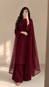 Bunaai - Winter-3PC Shamooz Silk Embroidered Suit - kp1314