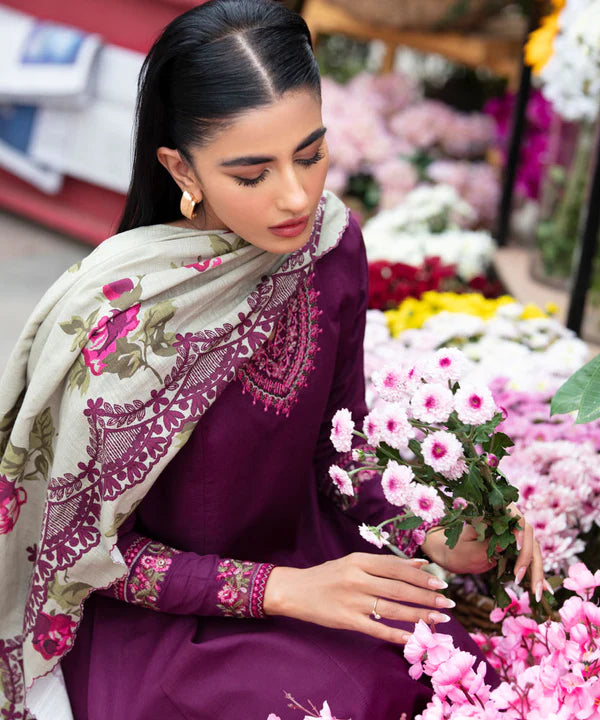 KP581-WINTER 3PC Dhannak Embroidered suit with Printed Shawll