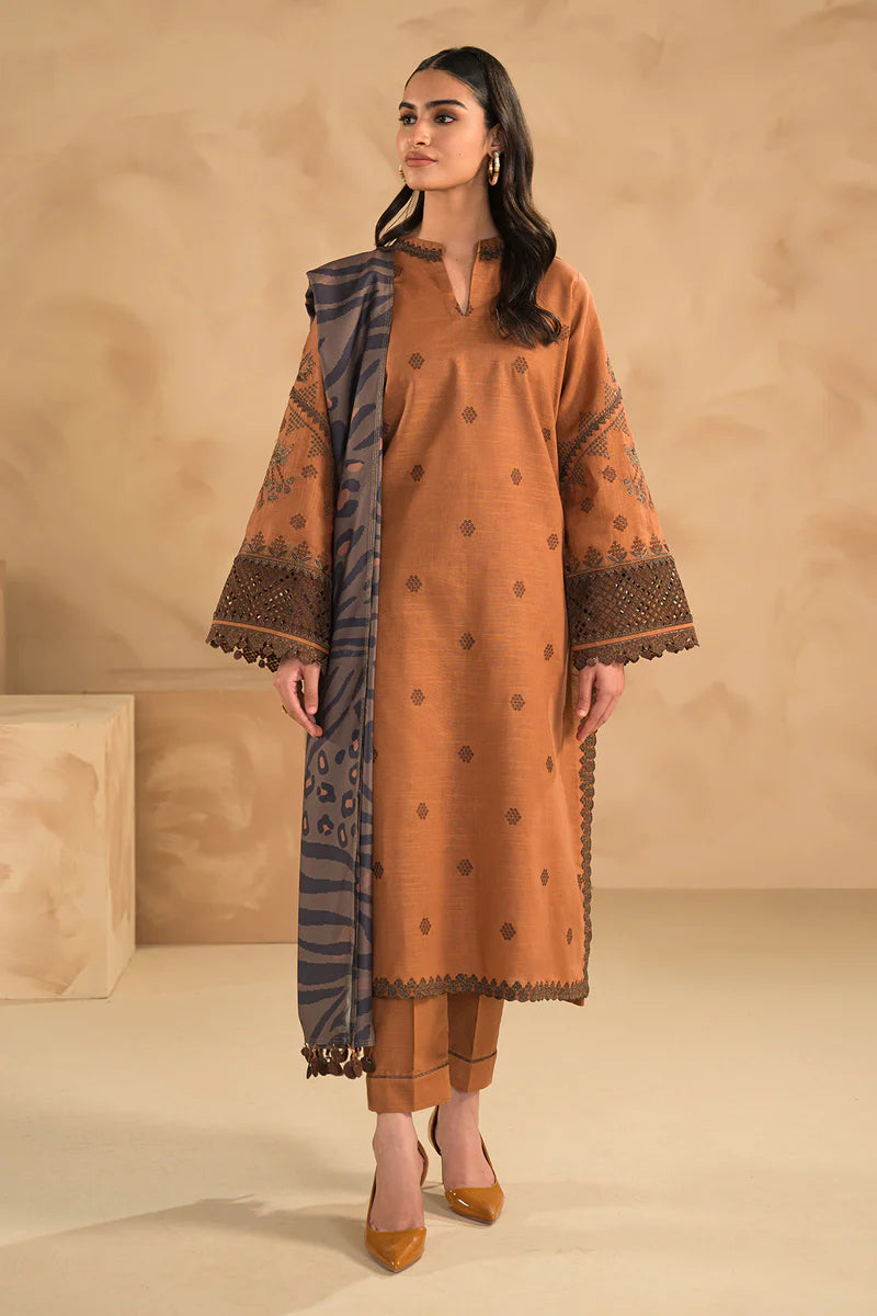 Baroque - Winter 3PC Dhannak Embroidered suit with Printed Shawll-KP631