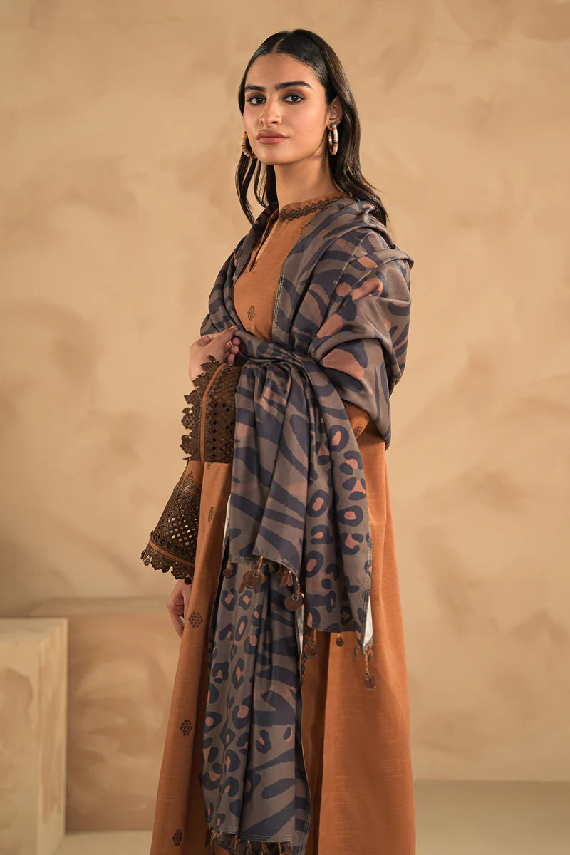 Baroque - Winter 3PC Dhannak Embroidered suit with Printed Shawll-KP631