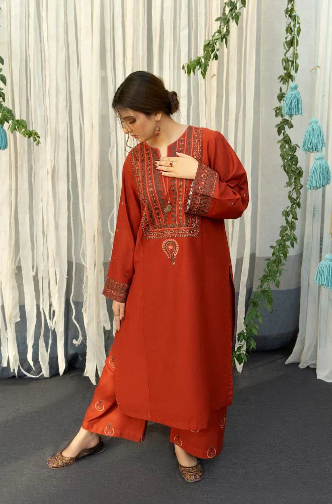 KP914-WINTER 3PC Dhannak Embroidered suit with Printed Shawll