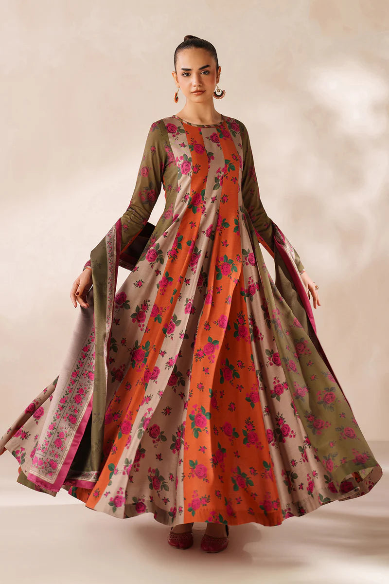 Baroque - Winter 3PC Frock Style Karandi Digital Print Dress - KP3395