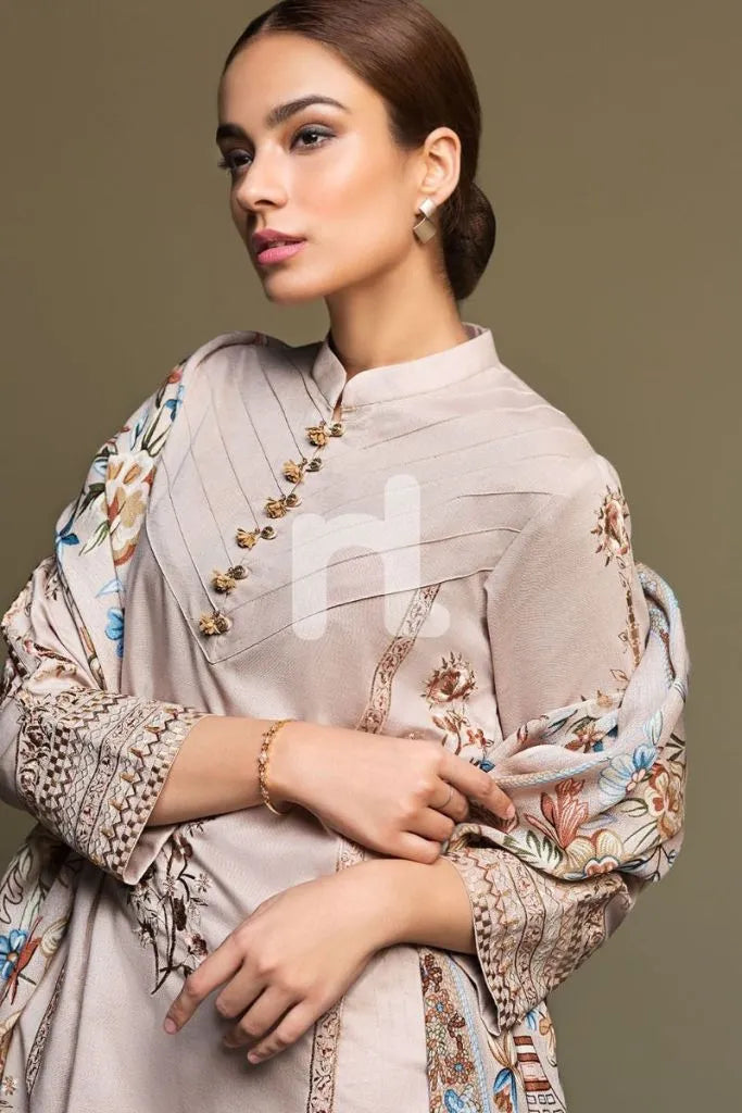 WINTER 3PC Dhannak Embroidered suit with Printed Shawll-KP589