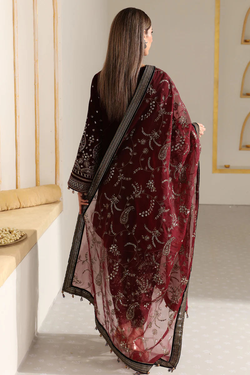 KP901-Winter Velvet Unstitched 3PCs Embroidered Dress With Organza Dupatta