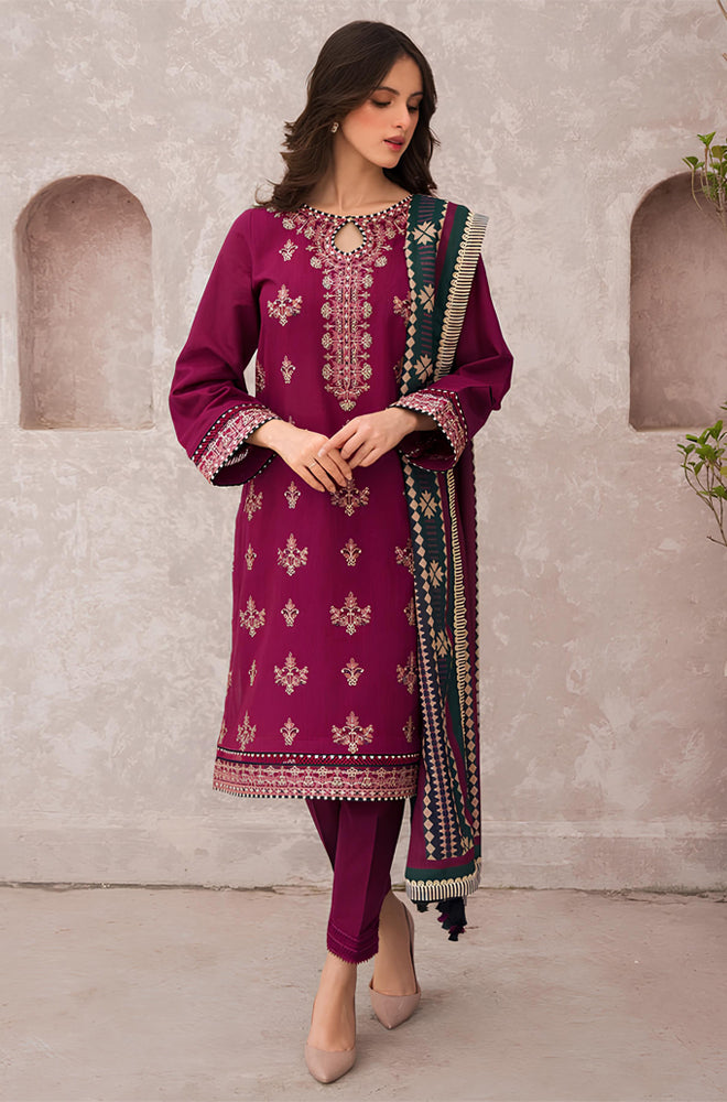 KP619-WINTER 3PC Dhannak Embroidered suit with Printed Shawll