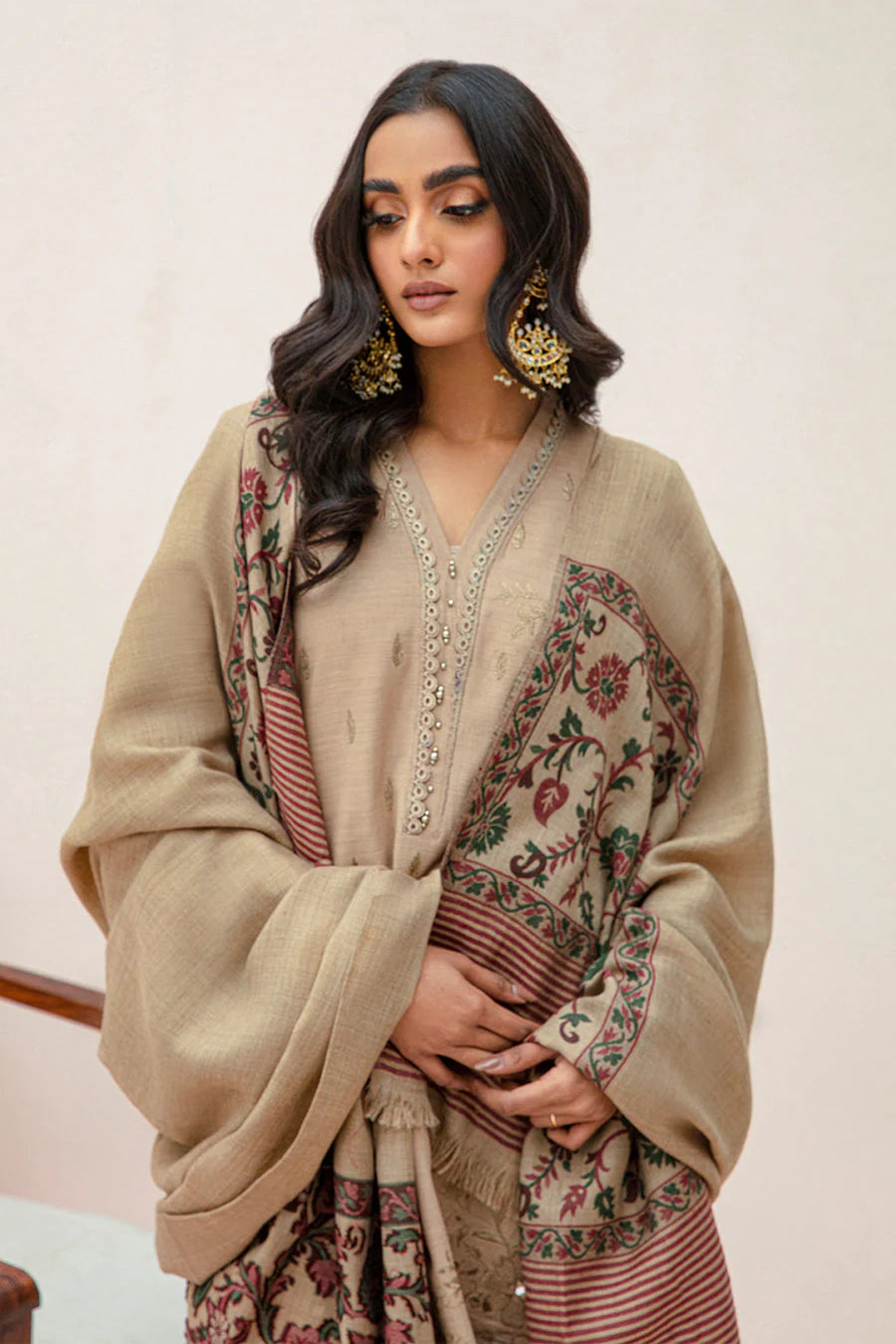 KP574-WINTER 3PC Dhannak Embroidered suit with Printed Shawll