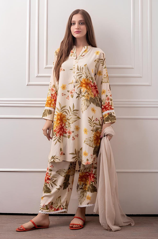 KP723-3 Piece Unstitched Digital Printed Lawn Suit - Plain chiffon Dupatta