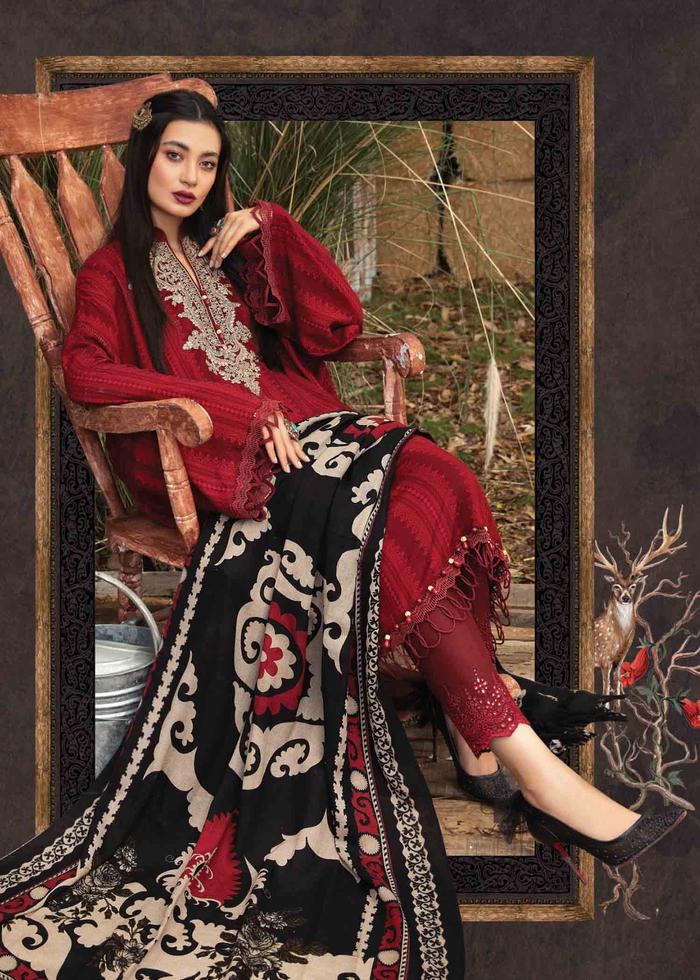 KP520-WINTER 3PC Dhannak Embroidered suit with Printed Shawll
