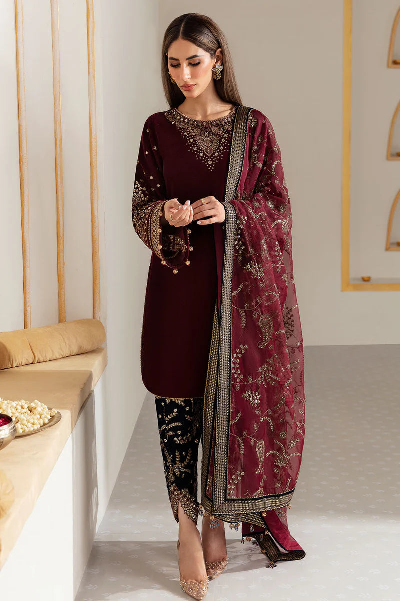 KP901-Winter Velvet Unstitched 3PCs Embroidered Dress With Organza Dupatta