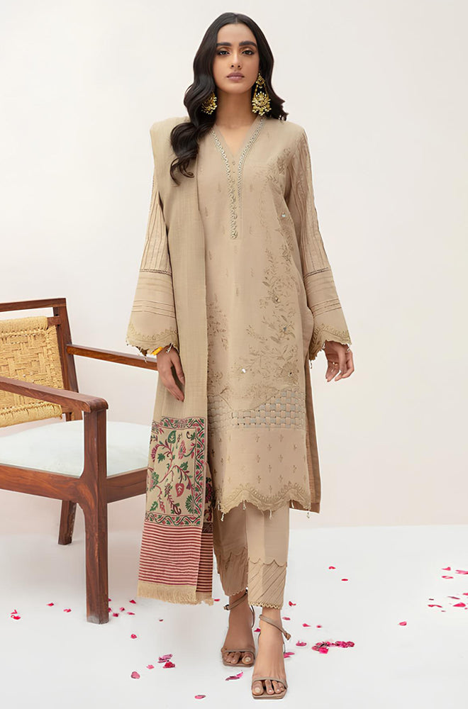 KP574-WINTER 3PC Dhannak Embroidered suit with Printed Shawll