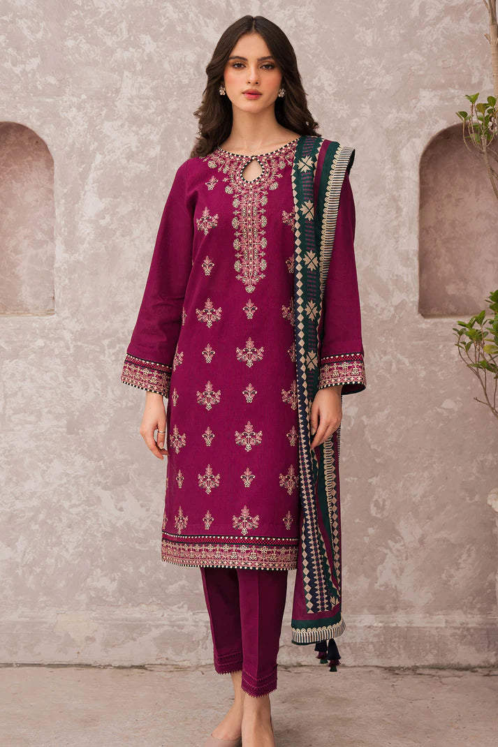 KP619-WINTER 3PC Dhannak Embroidered suit with Printed Shawll