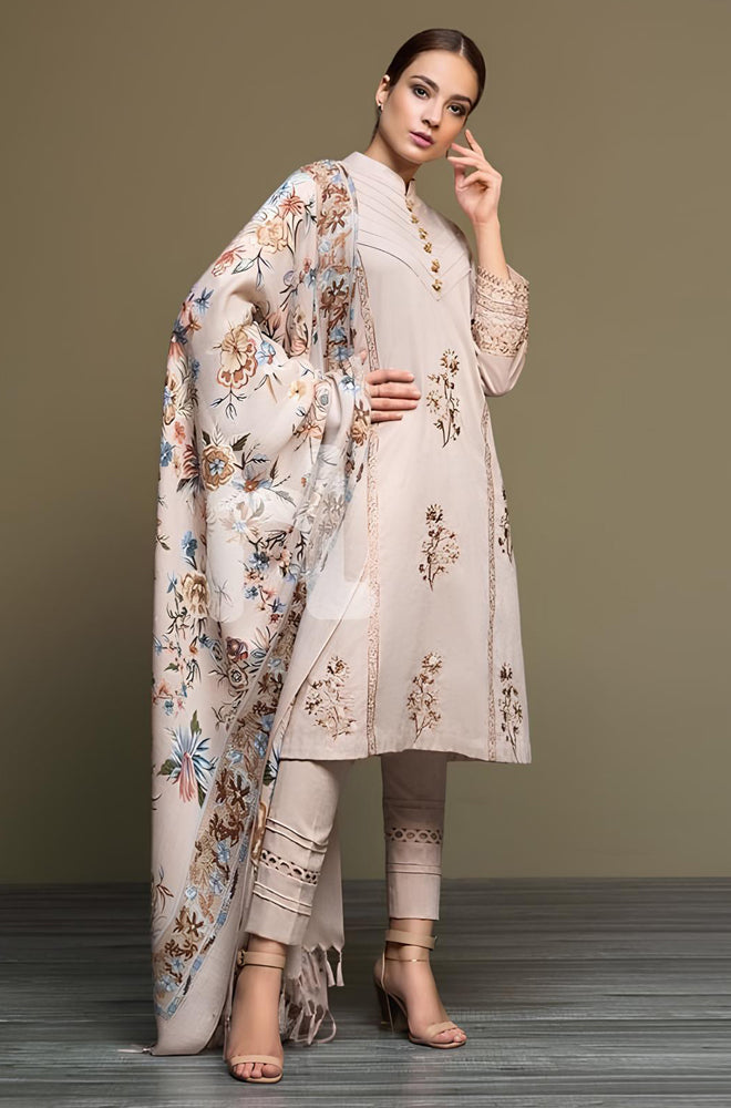 WINTER 3PC Dhannak Embroidered suit with Printed Shawll-KP589