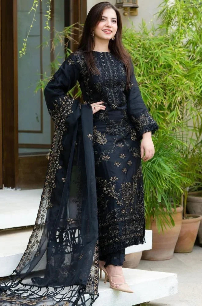 Black Fancy embroidered shirt with net dupatta