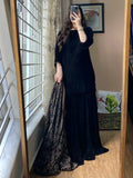 Azure - Winter Velvet Dress with Printed Dhanak Shawl kp1277