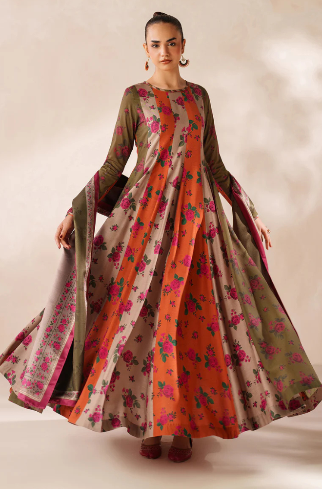 Baroque - Winter 3PC Frock Style Karandi Digital Print Dress - KP3395