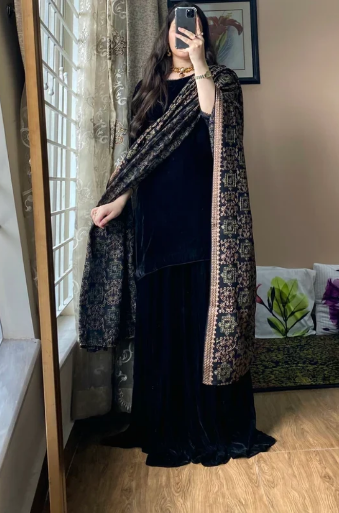 Azure - Winter Velvet Dress with Printed Dhanak Shawl kp1277