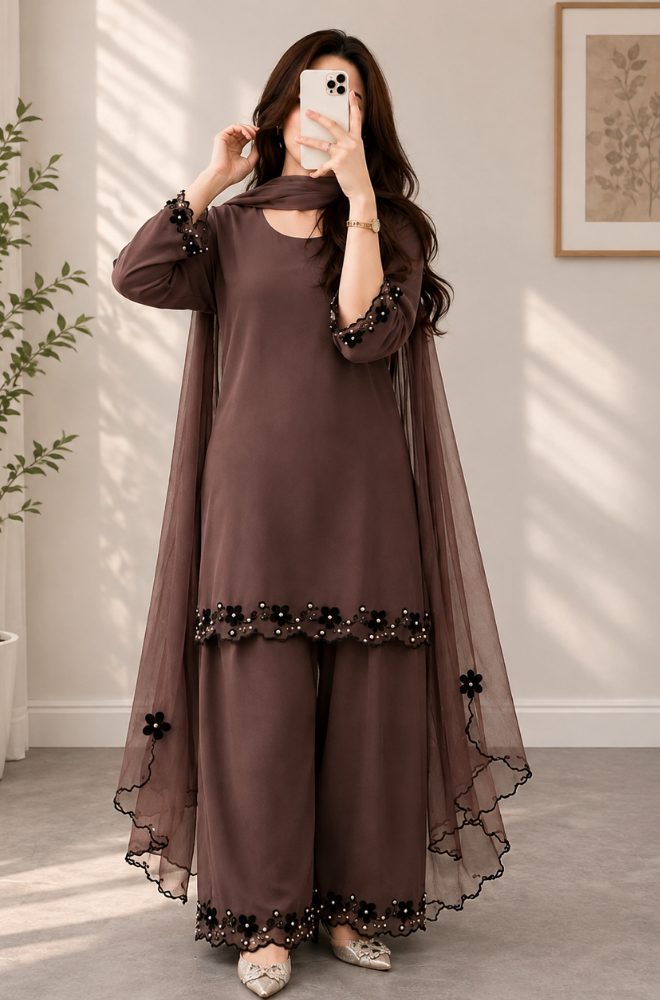Bunaai - Winter-3PC Shamooz Silk Embroidered Suit - kp1312