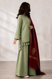 KP1263 - Elegant Sage Green 3-Piece Suit with Maroon Printed Shawl