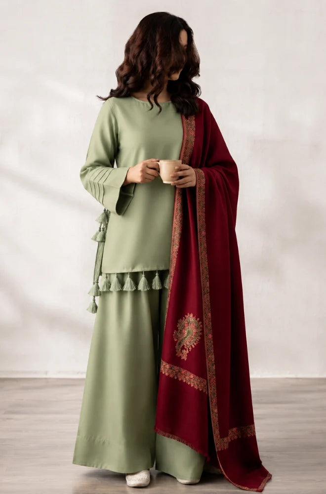 KP1263 - Elegant Sage Green 3-Piece Suit with Maroon Printed Shawl
